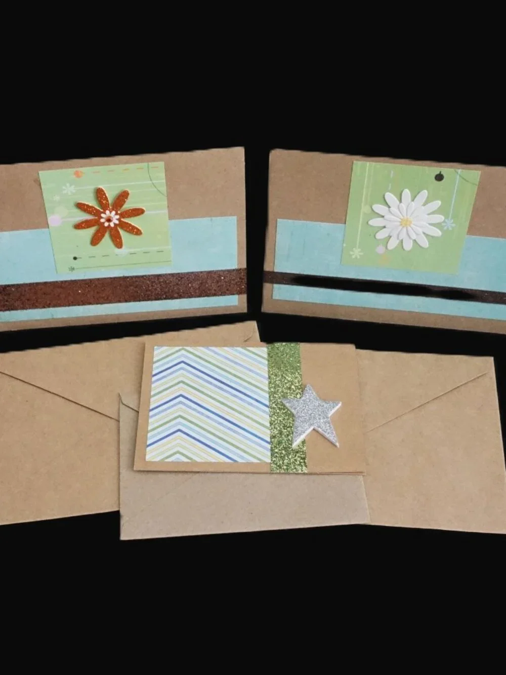 Set of 3 Kraft Happy Birthday Handmade Greeting Note Cards Green, Blue, and Teal